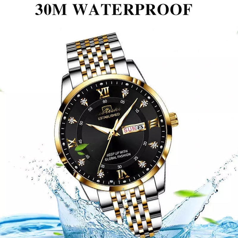 Luxury Stainless Stain Business Quartz Watches Waterproof Luminous Week Date Men‘s Wristwach