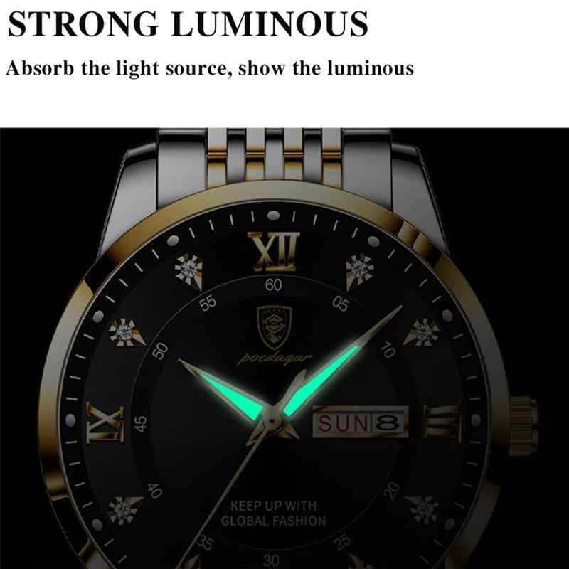 Luxury Stainless Stain Business Quartz Watches Waterproof Luminous Week Date Men‘s Wristwach