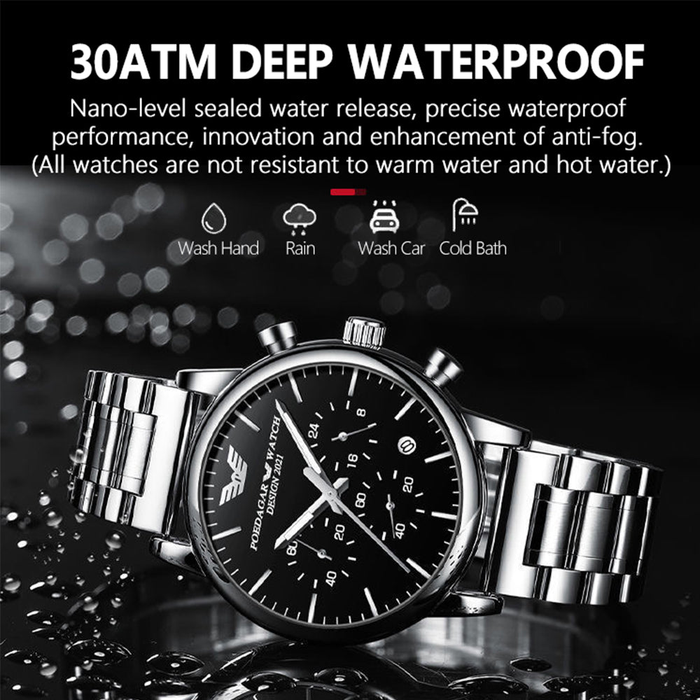 Chronograph Stainless Steel Waterproof Luminous Date Quartz Mens Watches Fashion Business Wristwatch