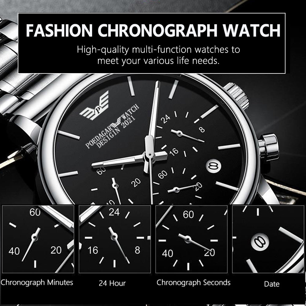 Chronograph Stainless Steel Waterproof Luminous Date Quartz Mens Watches Fashion Business Wristwatch