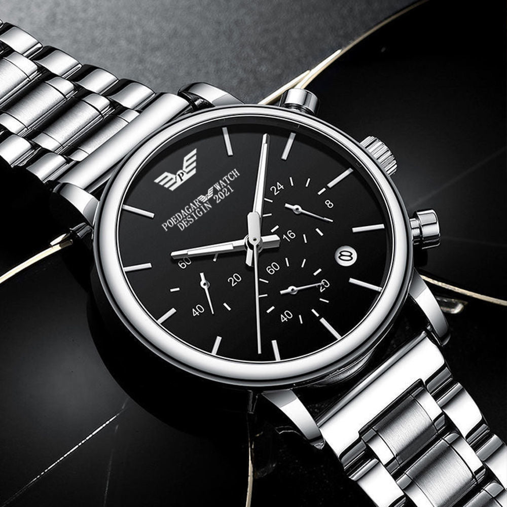 Chronograph Stainless Steel Waterproof Luminous Date Quartz Mens Watches Fashion Business Wristwatch