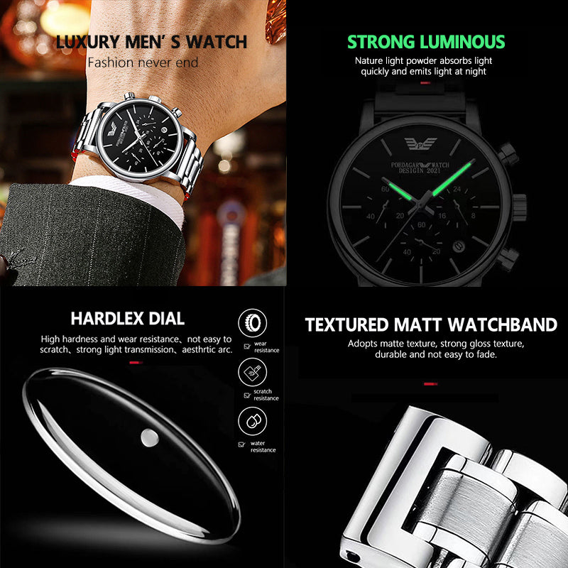 Chronograph Stainless Steel Waterproof Luminous Date Quartz Mens Watches Fashion Business Wristwatch