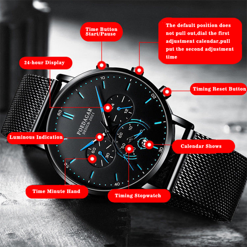 Ultra-Thin Minimalist Sport Chronograph Quartz Mesh Stainless Steel Watch Waterproof Luminous Fashion Wristwatch