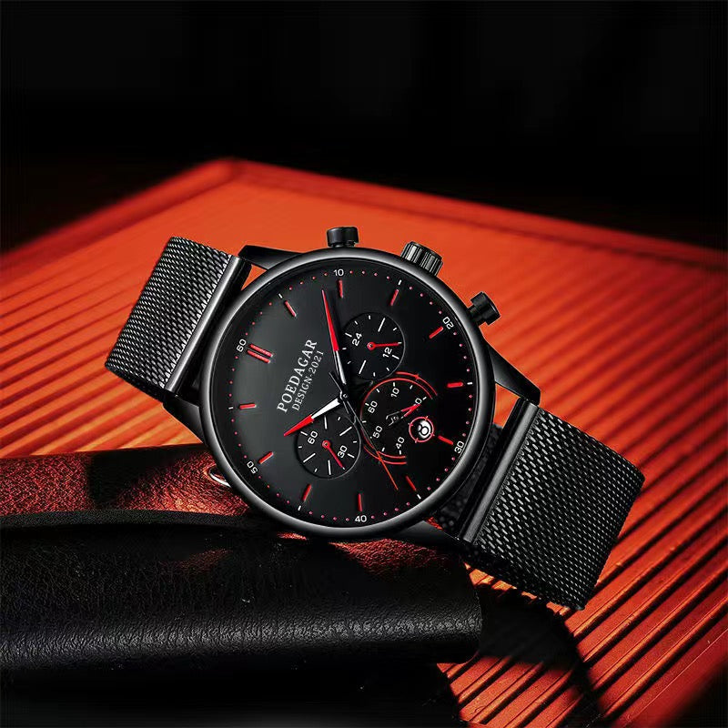 Ultra-Thin Minimalist Sport Chronograph Quartz Mesh Stainless Steel Watch Waterproof Luminous Fashion Wristwatch