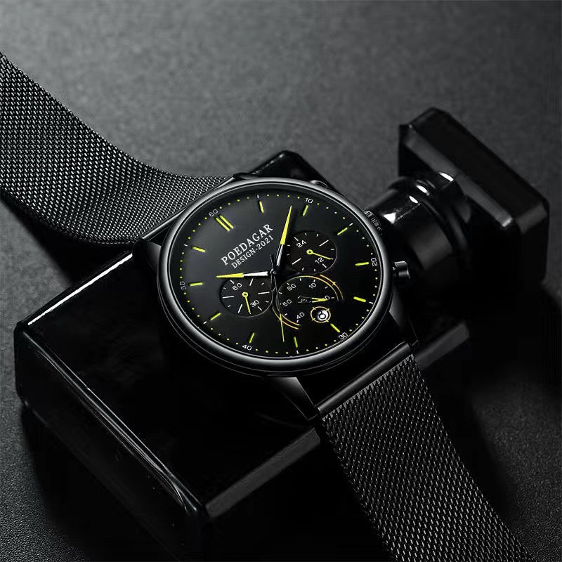 Ultra-Thin Minimalist Sport Chronograph Quartz Mesh Stainless Steel Watch Waterproof Luminous Fashion Wristwatch