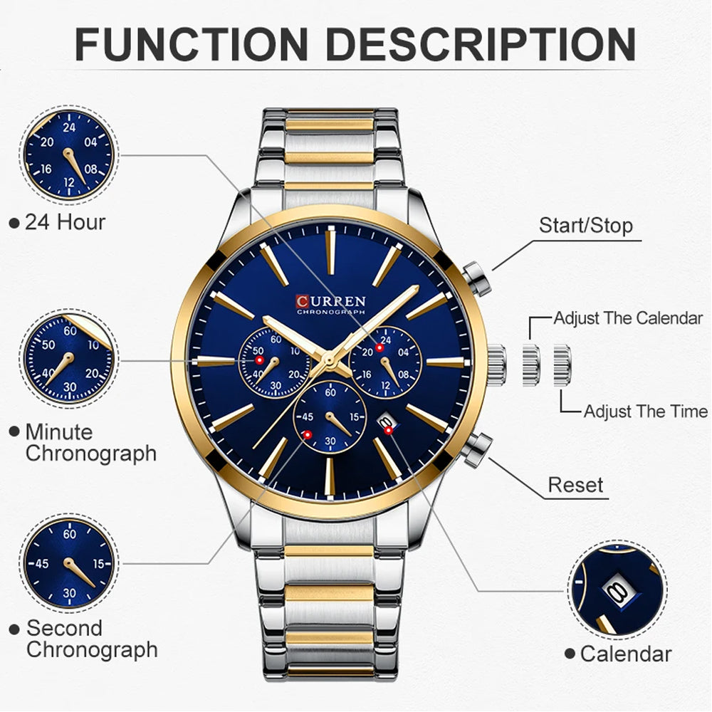 Curren Watches Men Top Brand Luxury Casual Sport Men's Watch Stainless Steel Business Man Clock Fashion Chronograph Wristwatch