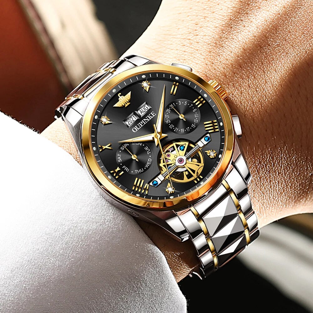 Golden Automatic Dial Analog Silver Chain Metal Round Watch