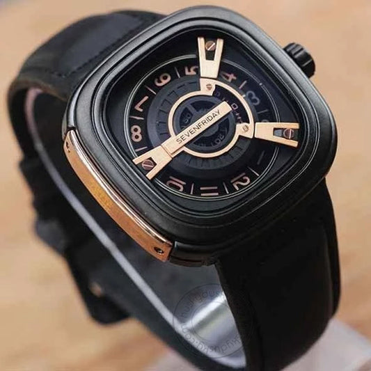 Seven Friday Leather Quartz Black Watches Waterproof Luminous Men‘s Wristwatch